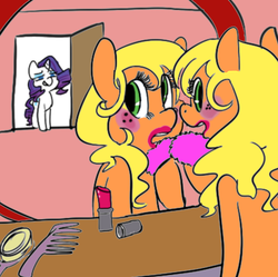 Size: 676x673 | Tagged: safe, artist:mt, applejack, rarity, g4, and then there's rarity, applejack also dresses in style, caught, door, girly, grin, lipstick, makeup, mirror, smiling, smirk, this will end in fashion, this will end in makeovers
