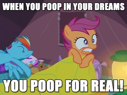 Size: 800x600 | Tagged: safe, edit, edited screencap, screencap, rainbow dash, scootaloo, pegasus, pony, g4, sleepless in ponyville, caption, family guy, female, filly, foal, image macro, implied pooping, male, mare, pillow, plushie, teddy bear, toilet humor
