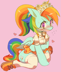 Size: 682x800 | Tagged: safe, artist:rikose, rainbow dash, pegasus, semi-anthro, g4, arm hooves, blushing, clothes, fangs, female, heart, maid, open mouth, pink background, puffy sleeves, rainbow dash always dresses in style, shoes, simple background, skirt, socks, solo, sweat, tsunderainbow, tsundere, zettai ryouiki