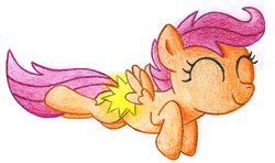 Size: 1979x1173 | Tagged: safe, artist:legeden, scootaloo, pegasus, pony, g4, cutiespark, eyes closed, female, filly, flying, foal, scootaloo can fly, simple background, smiling, solo, traditional art, white background