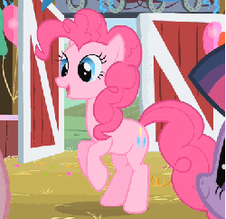 Size: 383x371 | Tagged: safe, screencap, pinkie pie, twilight sparkle, earth pony, pony, g4, party of one, animated, balloon, cropped, excited, female, jumping, solo focus