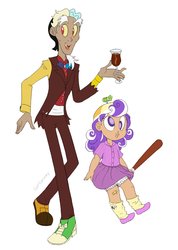 Size: 868x1216 | Tagged: safe, artist:girgrunny, discord, screwball, g4, baseball bat, based on song and pmv, bloomers, chaos, clothes, daddy discord, disharmony, father and daughter, female, gentleman, glass, hat, humanized, male, propeller hat, simple background, skinny, skirt, swirly eyes, thin, upskirt, white background