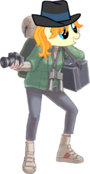 Size: 657x1273 | Tagged: safe, edit, press pass, press release (g4), human, g4, ace attorney, binoculars, boots, camera, hat, lotta hart, simple background, solo, transparent background