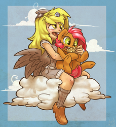 Size: 916x1000 | Tagged: safe, artist:atryl, babs seed, derpy hooves, earth pony, human, pony, g4, cloud, duo, food, human derpy, humanized, muffin, sky, square crossover, winged humanization