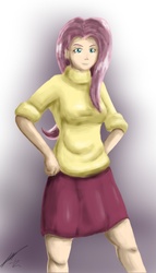 Size: 1200x2100 | Tagged: safe, artist:j-pmn, fluttershy, human, g4, clothes, humanized, skirt, solo, sweater, sweatershy
