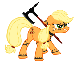 Size: 1603x1347 | Tagged: safe, artist:navitaserussirus, applejack, werewolf, g4, axe, fangs, simple background, skyrim, tattoo, the elder scrolls, transparent background, vector