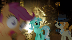 Size: 1920x1080 | Tagged: safe, lyra heartstrings, press pass, press release (character), scootaloo, g4, camera, cloverfield, crying, earth, hat, motion blur, new york, new york city, pure unfiltered evil, statue of liberty, united states