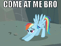 Size: 800x600 | Tagged: safe, edit, edited screencap, screencap, rainbow dash, pony, g4, may the best pet win, animated, come at me bro, cropped, female, image macro, solo, stretching