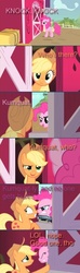 Size: 380x1288 | Tagged: safe, edit, edited screencap, screencap, applejack, gummy, pinkie pie, g4, party of one, comic, gun, knock knock joke, kumquat, screencap comic, weapon