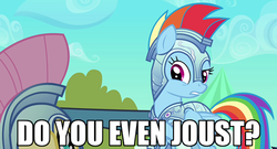 Size: 500x269 | Tagged: safe, fluttershy, rainbow dash, g4, do you even lift, image macro, jousting, meme