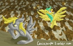 Size: 1280x818 | Tagged: safe, artist:gaiascope, derpy hooves, sunshower raindrops, pegasus, pony, g4, 30 minute art challenge, body swap, female, mare, muffin