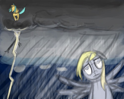 Size: 1280x1024 | Tagged: artist needed, safe, derpy hooves, sunshower raindrops, pegasus, pony, g4, 30 minute art challenge, body swap, female, lightning, mare, rain