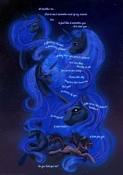 Size: 900x1274 | Tagged: dead source, safe, artist:cosmicunicorn, princess luna, twilight sparkle, pony, unicorn, g4, cursive writing, ethereal mane, eyes closed, female, lesbian, missing accessory, ship:twiluna, shipping, stars, teal eyes, text, unicorn twilight