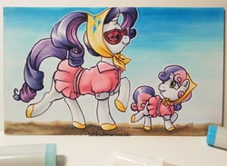 Size: 700x512 | Tagged: safe, artist:tahliadenae, rarity, sweetie belle, g4, camping outfit, glasses, matching outfits