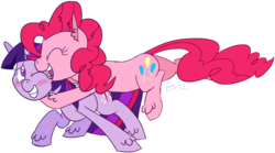 Size: 1229x682 | Tagged: safe, artist:ponett, pinkie pie, twilight sparkle, g4, female, hug, lesbian, ship:twinkie, shipping, unshorn fetlocks