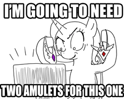 Size: 1000x800 | Tagged: artist needed, safe, trixie, pony, unicorn, g4, alicorn amulet, artifact, computer, dual wield, eye twitch, female, i'm gonna need two guns for this, image macro, impact font, jewelry, mare, necklace, reaction image, shrunken pupils, this will end in pain and/or death, this will not end well, xk-class end-of-the-world scenario