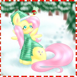 Size: 1200x1200 | Tagged: safe, artist:fatcakes, fluttershy, parasprite, pegasus, pony, g4, christmas, clothes, female, snow, solo