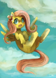 Size: 1280x1772 | Tagged: safe, artist:cherivinca, fluttershy, pony, g4, falling, female, flower, flower in hair, flying, solo