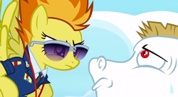 Size: 506x278 | Tagged: safe, screencap, bulk biceps, spitfire, g4, wonderbolts academy, clothes, necktie, spitfire's tie, sunglasses, uniform, wonderbolts dress uniform