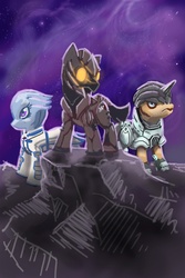 Size: 1280x1920 | Tagged: safe, artist:poniesofthekeene, commander shepard, grunt (mass effect), liara t'soni, mass effect, ponified