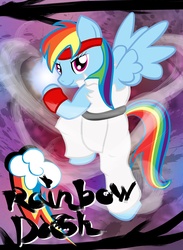 Size: 1829x2500 | Tagged: safe, artist:evangel-rising, rainbow dash, pegasus, pony, g4, bipedal, clothes, crossover, female, hadouken, ryu, solo, street fighter