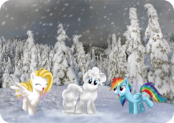 Size: 1530x1082 | Tagged: safe, artist:tiffanymarsou, pinkie pie, rainbow dash, oc, pony, g4, irl, photo, ponies in real life, snow, snowfall, vector