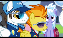 Size: 588x356 | Tagged: safe, screencap, bulk biceps, cloudchaser, fast clip, manerick, meadow flower, spitfire, thunderlane, g4, season 3, wonderbolts academy, badass, female, hub logo, letterboxing, logo, male, mare, stallion, sunglasses, the hub