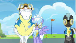Size: 1421x797 | Tagged: safe, screencap, bulk biceps, cloudchaser, thunderlane, pegasus, pony, g4, wonderbolts academy, cloudrage, female, frown, grin, male, mare, ponies standing next to each other, smiling, spread wings, stallion, wide eyes, wonderbolt trainee uniform