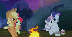 Size: 738x385 | Tagged: safe, screencap, apple bloom, applejack, rarity, sweetie belle, earth pony, pony, unicorn, g4, female, filly, group, hug, mare, out of context