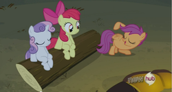 Size: 763x410 | Tagged: safe, screencap, apple bloom, scootaloo, sweetie belle, g4, cutie mark crusaders, out of context