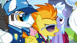 Size: 588x332 | Tagged: safe, screencap, bulk biceps, cloudchaser, meadow flower, spitfire, thunderlane, pegasus, pony, g4, wonderbolts academy, female, male, manly, mare, sideburns, stallion, sunglasses