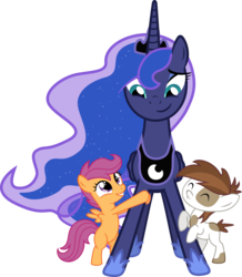 Size: 1600x1838 | Tagged: dead source, safe, artist:foxy-noxy, pipsqueak, princess luna, scootaloo, alicorn, earth pony, pegasus, pony, g4, colt, cute, female, filly, foal, jewelry, male, mare, regalia, simple background, transparent background, trio