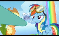 Size: 588x356 | Tagged: safe, screencap, applejack, lightning dust, rainbow dash, pegasus, pony, g4, wonderbolts academy, clothes, derp, female, goggles, hooves, mare, out of context, rainbow waterfall, solo focus, uniform, wingpony badge, wonderbolt trainee uniform