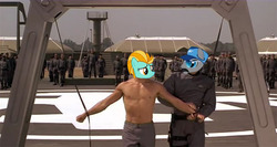 Size: 800x426 | Tagged: safe, lightning dust, g4, wonderbolts academy, photo, starship troopers, whipping