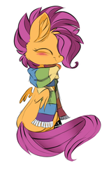 Size: 522x838 | Tagged: dead source, safe, artist:xenon, scootaloo, pegasus, pony, g4, blank flank, blushing, clothes, cute, cutealoo, ear fluff, eyes closed, female, filly, foal, hair over one eye, scarf, simple background, sitting, smiling, solo, spread wings, white background, wings