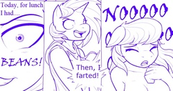 Size: 730x384 | Tagged: safe, artist:drbdnv, edit, dj pon-3, octavia melody, vinyl scratch, anthro, g4, comic, implied farting, monochrome