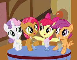 Size: 1100x856 | Tagged: safe, artist:empty-10, apple bloom, babs seed, scootaloo, sweetie belle, earth pony, pegasus, pony, unicorn, g4, cutie mark crusaders, female, filly, group, milkshake
