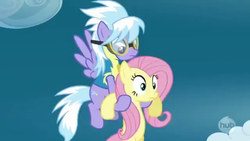 Size: 640x360 | Tagged: safe, screencap, cloudchaser, fluttershy, pegasus, pony, g4, wonderbolts academy, carrying, clothes, duo, female, flying, goggles, mare, uniform, wonderbolt trainee uniform
