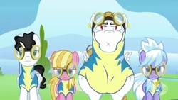 Size: 640x360 | Tagged: safe, bulk biceps, cloudchaser, meadow flower, mercury, starry eyes (g4), pegasus, pony, g4, wonderbolts academy, female, goggles, male, mare, stallion, wonderbolt trainee uniform