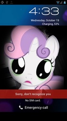 Size: 333x600 | Tagged: safe, sweetie belle, g4, android (os), bust, cellphone, dilated pupils, looking at you, phone, portrait, smartphone, solo, text