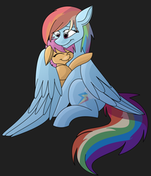 Size: 900x1053 | Tagged: safe, artist:100yearslater, rainbow dash, scootaloo, pegasus, pony, g4, black background, duo, duo female, eyes closed, female, looking at someone, scootalove, simple background, winghug