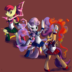 Size: 3300x3300 | Tagged: safe, artist:fauxsquared, apple bloom, scootaloo, sweetie belle, g4, anime, clothes, costume, cutie mark crusaders, sailor jupiter, sailor mars, sailor mercury, sailor moon (series)