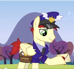 Size: 384x358 | Tagged: safe, edit, edited screencap, screencap, care package, special delivery, pegasus, pony, g4, season 3, wonderbolts academy, cropped, folded wings, hat, mailpony, male, mountain, name, necktie, postman's hat, solo, stallion, tree, wings