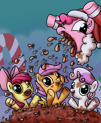 Size: 905x1100 | Tagged: safe, artist:professor-ponyarity, apple bloom, pinkie pie, scootaloo, sweetie belle, pegasus, pony, shrimp, unicorn, g4, baby birding, behaving like a bird, clothes, cutie mark crusaders, eating, faic, female, filly, foal, gigawat, not salmon, ponies eating meat, ponies eating seafood, santa costume, wat, wtf