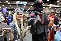 Size: 900x600 | Tagged: safe, artist:meekcheep, derpy hooves, human, g4, bag, convention, cosplay, customized toy, flutterrage, halo (series), hat, irl, irl human, odst, orbital drop shock trooper, photo, san diego comic con