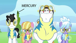 Size: 640x360 | Tagged: safe, edit, edited screencap, screencap, bulk biceps, cloudchaser, meadow flower, mercury, starry eyes (g4), pegasus, pony, g4, wonderbolts academy, background pony, clothes, ear piercing, earring, female, goggles, hub logo, jewelry, male, mare, piercing, stallion, uniform, wonderbolt trainee uniform