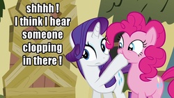 Size: 640x360 | Tagged: safe, edit, edited screencap, screencap, pinkie pie, rarity, earth pony, pony, unicorn, g4, caption, clopping, curious, door, female, house, image macro, implied masturbation, listening, mare, shut up