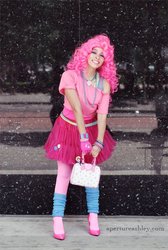 Size: 469x700 | Tagged: safe, artist:enasni-v, pinkie pie, human, g4, 80s, cosplay, high heels, irl, irl human, leg warmers, photo, shoes, solo