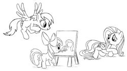 Size: 1261x702 | Tagged: safe, artist:stinkehund, apple bloom, derpy hooves, fluttershy, earth pony, pegasus, pony, g4, butt, draw me like one of your french girls, female, filly, foal, mare, mouth hold, paintbrush, plot