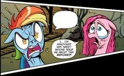 Size: 376x231 | Tagged: safe, idw, official comic, pinkie pie, rainbow dash, pony, g4, the return of queen chrysalis, spoiler:comic, crying, do i look angry, exploitable, fire, picture for breezies, pinkamena diane pie, rainbow dash is mad!!!!